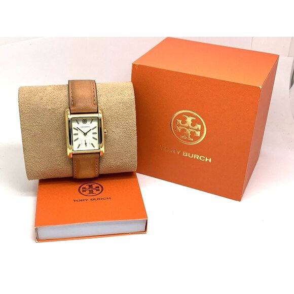 Tory Burch Women's Watch TBW1068 Tank Cream Dial Gold Quartz Brown Leather Band - Picture 3 of 14